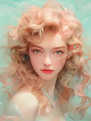 Hyper-realistic, French beauty face underwater with sparkling bubbles, medium length wavy golden hair, intricate rosy cheeks High Angle View, with vibrant coral in a serene aquatic Realistic CGI style, pastel pink color, drawn by Amrita Sher-Gil, soft and flowing shapes, Light turquoise and light aquamarine, light reflections, ultra HD, ornate –ar 3:4 –niji 5