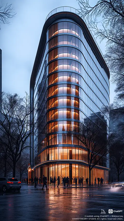 photorealistic, canon EOS 5d, minimalistic medium scale office building, curved, geometric shaped outline, expert, dramatic lighting, lighting effects, motion blurring walking crowd, realism sunlighting, car tail lightings