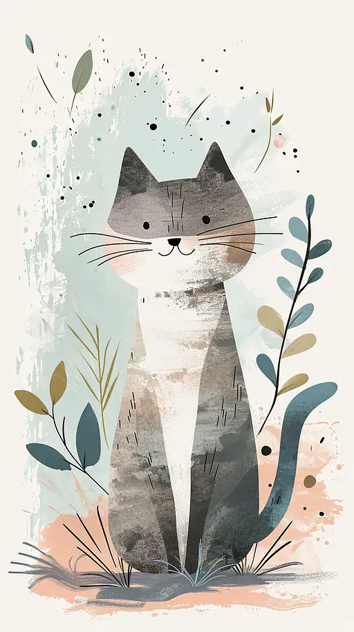 A cute [ cat ] clipart, organic forms, in the style of Jon Klassen, desaturated light and airy pastel color palette, nursery art, white background –ar 9:16 –style raw –v 6