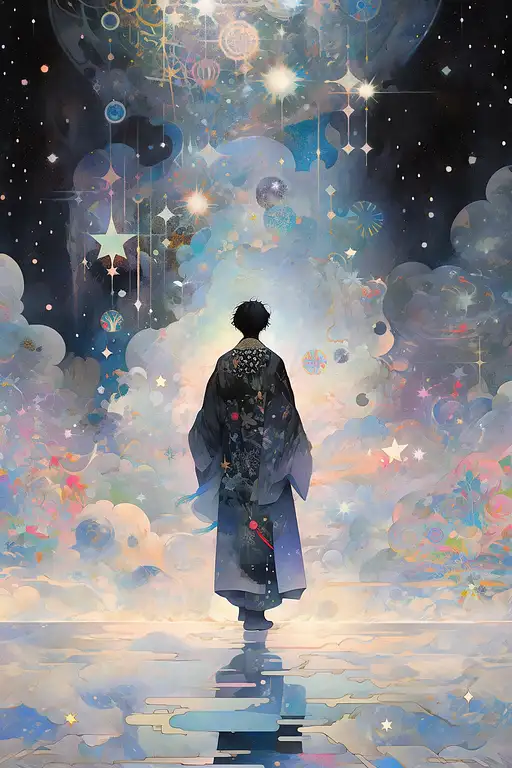 Back view, a mystical anime warrior dissolving into ethereal, shimmering mist, iridescent cosmic paint, swirling with the power of the subject, illuminated by celestial starlight, inspired by the Peter Blake, an overall view, looking at the camera, microscopy, with a celestial scene as the background. –ar 2:3 –niji 5