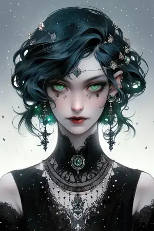 A mysterious and enchanting witch girl, gothic style, with ethereal makeup, Cyberpunk style by Sophie Blackall, emerald green eyes, midnight black lips, sapphire blue hair, dangling crystal earrings, a crystal ball, cascading curls hairstyle, ornate Qing dynasty headdress, shimmering silver yarn, a starry night, and flowing velvet clothing –q 2 –niji 5 –ar 2:3