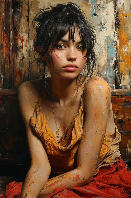 canvas painting with girl, in the style of duffy sheridan, reefwave, wood, mid-century, eric canete, distressed materials, 1970–present –ar 73:111 –stylize 750 –v 6