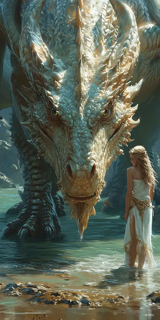 a woman is standing in the water next to a dragon, in the style of fantasy scenes, realistic detail, theo prins, magewave, ferrania p30, evgeni gordiets, kuang hong –ar 1:2 –stylize 750 –v 6