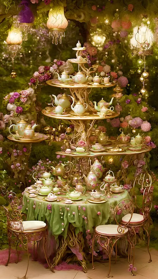 Imagine a fantastical tea party at the crossroads of reality and dreams. Instruct the AI to bring to life whimsical characters and creatures gathered around an intricately adorned table. Picture peculiar tea pots pouring liquid galaxies into delicate cups, as time ebbs and flows with each sip. Encourage the inclusion of surreal landscapes, floating confections, and mischievous companions, creating an enchanting tableau that blurs the boundaries between the tangible and the fantastical. Capture the essence of whimsy and magic as the tea party becomes a doorway to a realm where imagination reigns supreme.