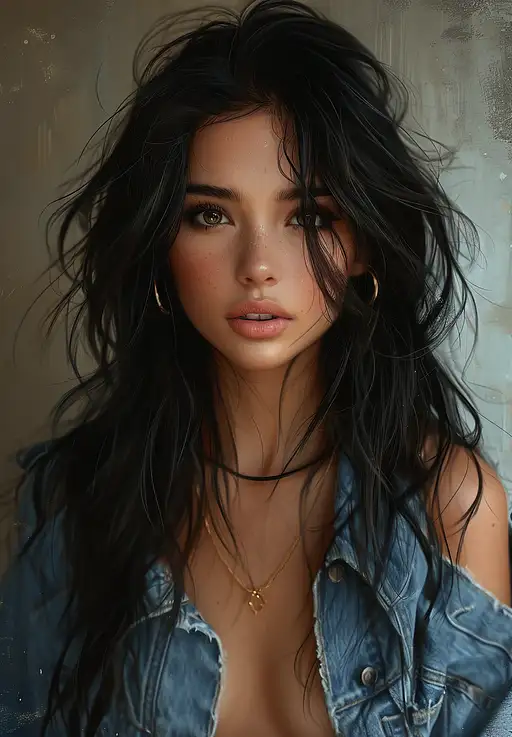 disney girl with long black hair in a jean shirt, in the style of hyperrealistic illustrations, slumped/draped, lit kid, dark white and amber, nightcore, soft, romantic scenes, bad painting –ar 73:105 –stylize 750 –v 6
